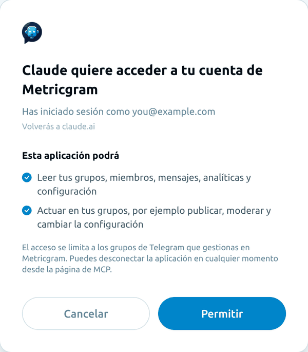 La pantalla de consentimiento de Metricgram