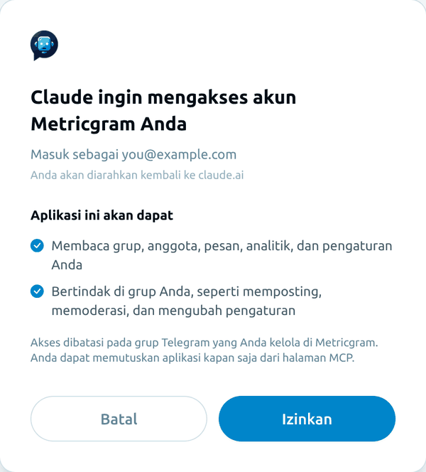 Layar persetujuan Metricgram