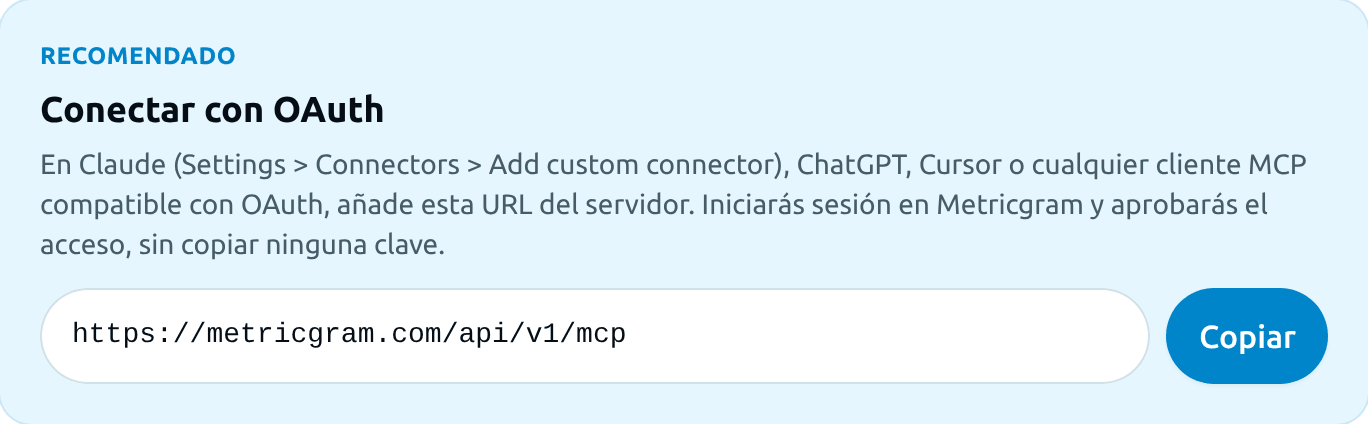 La URL del servidor MCP en la página Integraciones > MCP