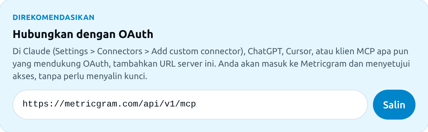 URL server MCP di halaman Integrasi > MCP