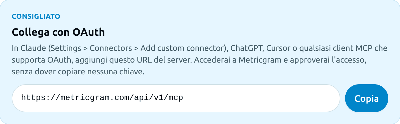 L'URL del server MCP nella pagina Integrazioni > MCP