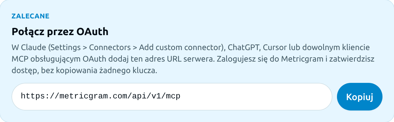 Adres URL serwera MCP na stronie Integracje > MCP